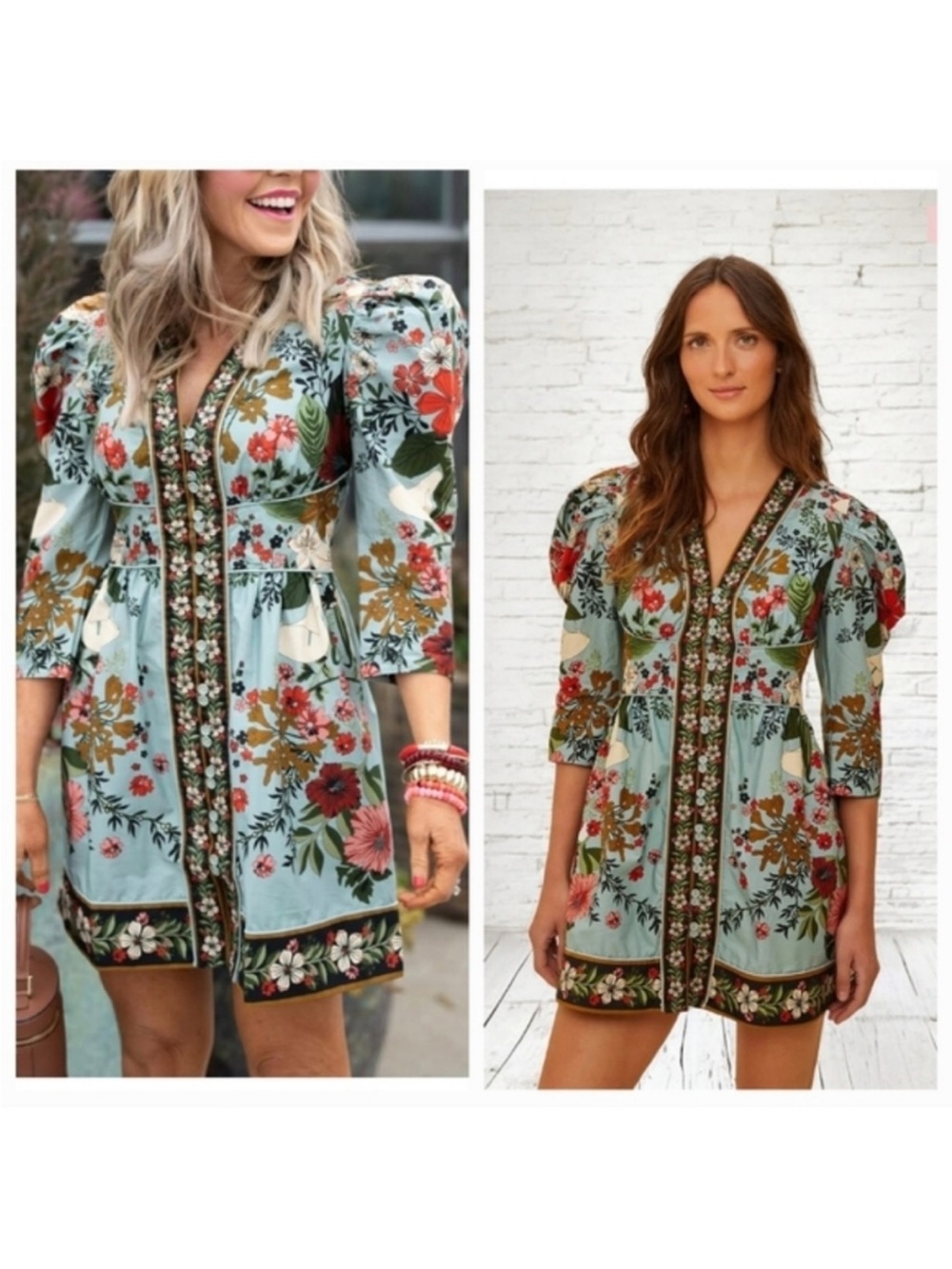 Free People Floral Puff Sleeve Mini Dress Blue Green Boho Cottagecore XL NWOT